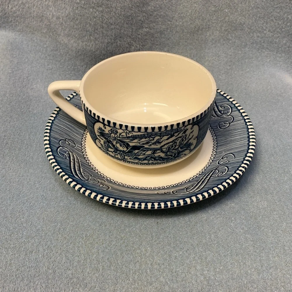 Blue CURRIER AND IVES BLUE CHINA COFFEE CUP AND SAUCER